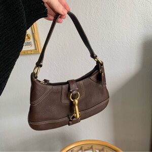 Brown Leather Mini Hampton Shoulder Bag with Brass Hardware